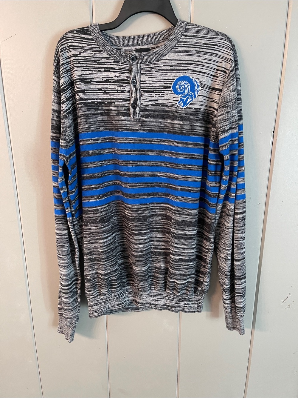 NFL Los Angeles Rams Henley Sweater Blue Gray Black Striped Team Apparel X-Large